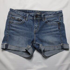 SILVER womens BLUE jean DENIM frayed DISTRESSED cuffed SHORTS size 26/28